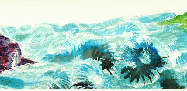 Peinture abstraite de Claire Gaillard représentant une traversée aux tons bleus et verts